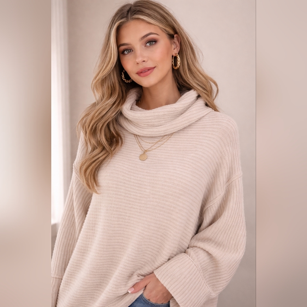 We The Free Sweater Women's Medium M Cream Waffle Cowl Neck Oversized Cozy